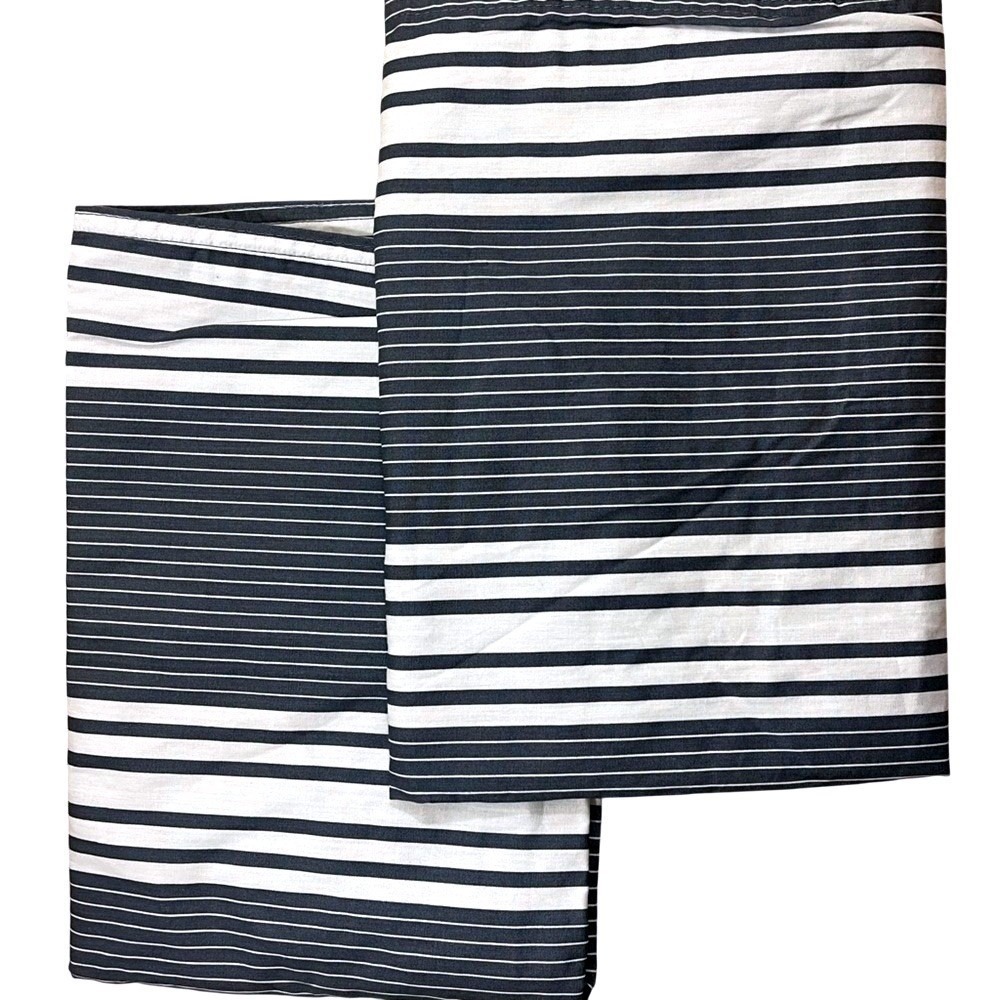 Nautica Striped Pillow Shams Set Queen Size Navy Blue White Cotton NWOT